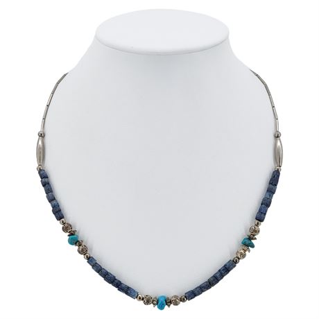 Artisan Made Dyed Blue Coral & Silver Tone Beaded Necklace