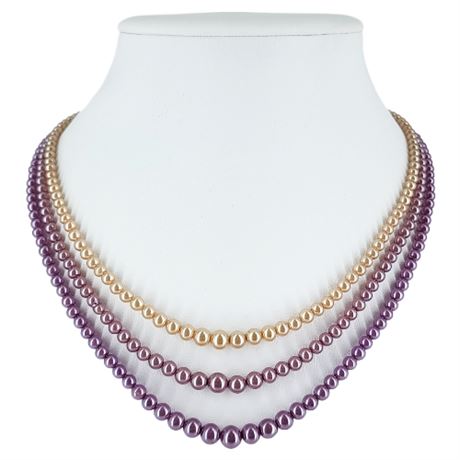 Vintage 3-Strand Purple & Ivory Faux Pearl Necklace