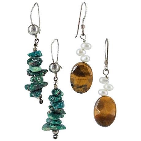 Two Pairs Artisan Made Gemstone Bead Earrings