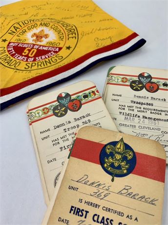 1959-1961 Boy Scouts Badge Cards & Autographed National Jamboree Scarf