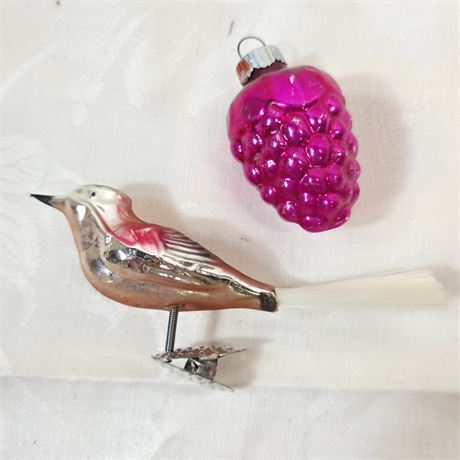 Vtg Mercury Glass Clip-on Bird & Ornament
