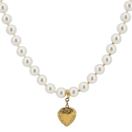 Vintage 1928 JEWELRY Faux Pearl Necklace w/ Removeable Gold Tone Heart Charm