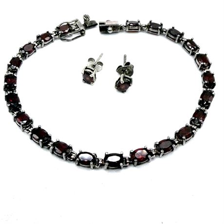 Sterling Silver Bracelet with Garnets & Earrings