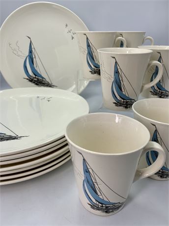 14 pc Staffordshire England Blue Regatta Palissy Sailboat Plates & Mugs