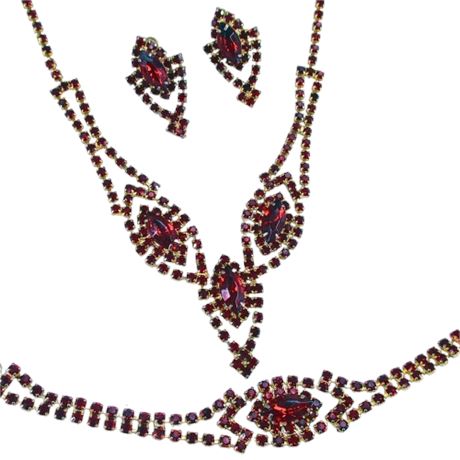 Demi-Parure Red Rhinestone Costume Jewelry Necklace, Bracelet & Earrings