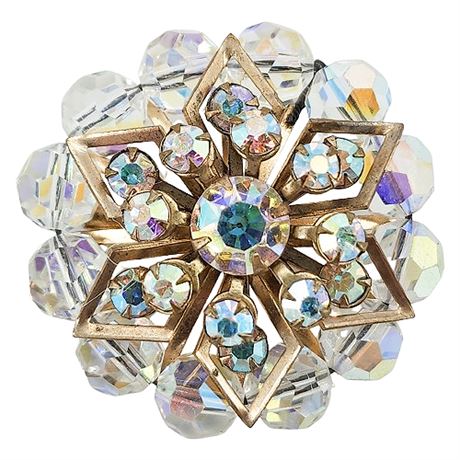 Vtg Prong Set Aurora Borealis Rhinestone & Crystal Bead Flower Brooch