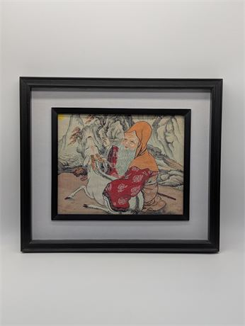 Chinese Asian Silk Embroidered Shouxing god Longevity Deer Framed Tapestry