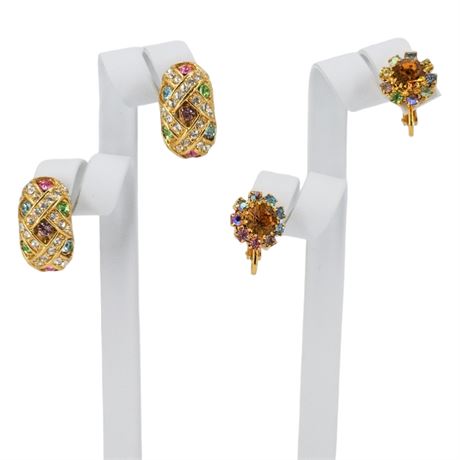 Two Pairs Vintage Colorful Pastel Rhinestone Clip Earrings