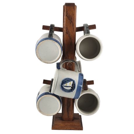 Set of 6 Clay Sailboat Coffee Mugs / Mug Holder