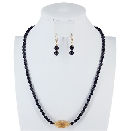 Vintage Hawaiian Black Coral Beaded Necklace & Earrings Set
