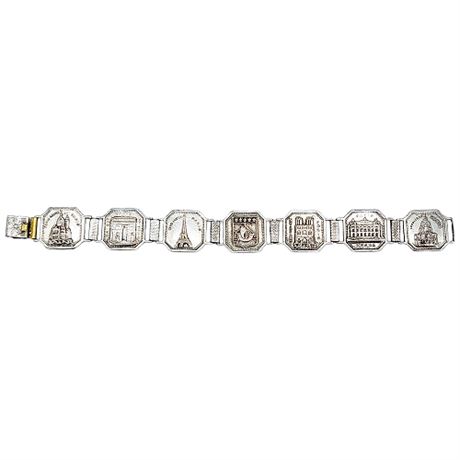 Vintage Silver Tone Paris Souvenir Panel Link Bracelet, Flawed