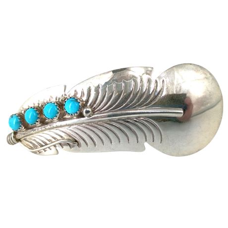 Vintage Silver-Tone Feather Brooch with Turquoise Colored Cabochons
