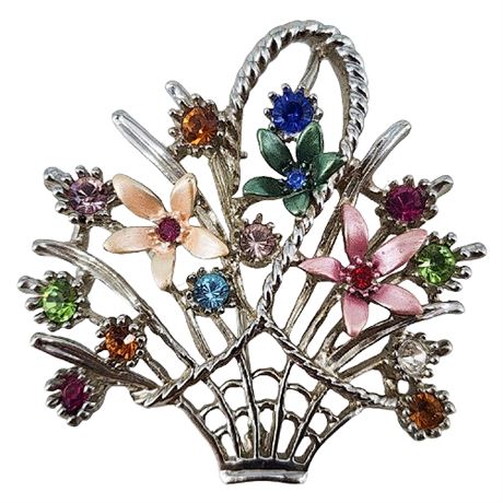 Vintage Colorful Enamel & Rhinestone Flower Basket Brooch