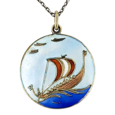 Vintage Einar Modahl Norway Sterling Silver Enamel Viking Ship Pendant Necklace