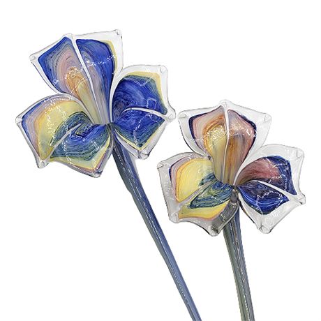 Pair Murano Art Glass Long Stem Multi-Colored Flowers (1 of 2)