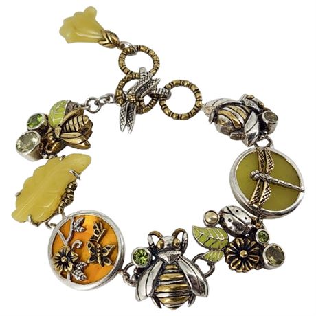 Signed MARGARET THURMAN Sterling Silver Bronze Gemstone Bracelet