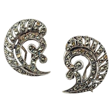 Vtg Sterling Silver Marcasite Clip Earrings, Flawed