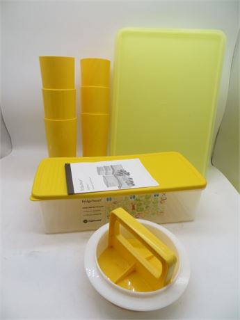 NEW VINTAGE TUPPERWARE 6 YELLOW TUMBLERS, 9 x 13 CAKE STORAGE,