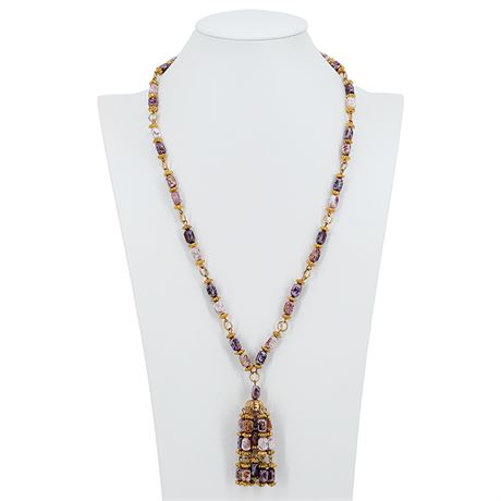 Vintage Mottled Purple & Gold Tone Beaded Tassel Necklace