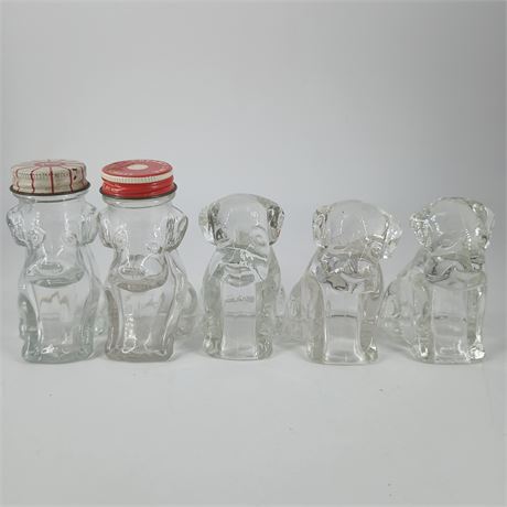 3 Vintage Federal Glass Dogs and 2 Vintage Glass Dog Screw Top Containers