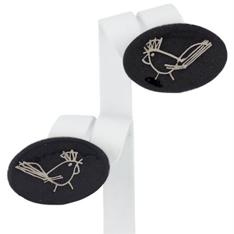 Vintage Artisan Made Modernist Enamel Birds Screwback Earrings