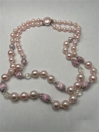 50s pink stone and Pearl, two strand necklace