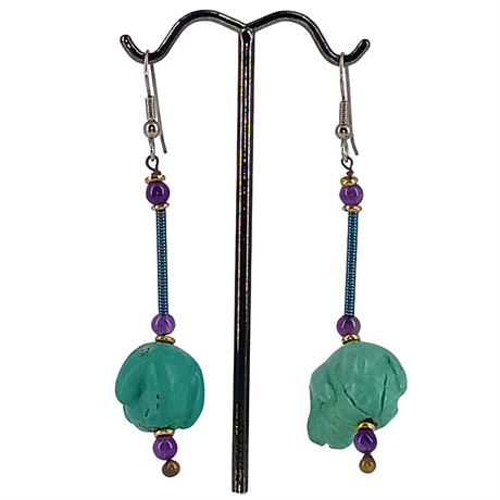 Handmade Dangle Earrings with Carved Turquoise Nugget & Purple Stone Beads
