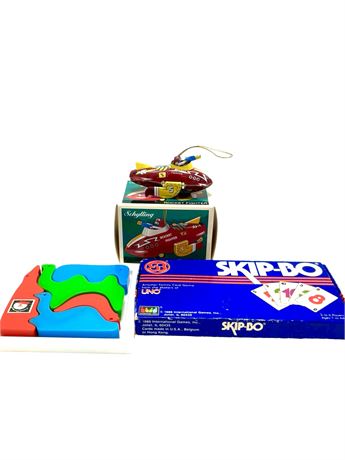 Vtg Stocking Stuffer Toys - Puzzle, Skip-Bo Uno, Schylling Rocket Fighter