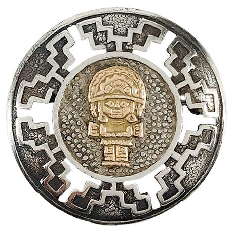 Vintage Sterling Silver & 18K Gold Mesoamerican Brooch/Pendant