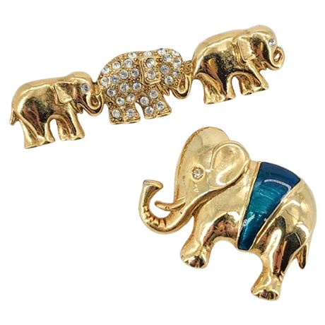 Pair Vintage Gold Tone Rhinestone Elephant Brooches