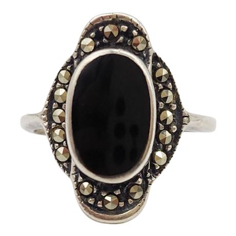 Vintage CHAPAL-ZENRAY Sterling Silver Marcasite & Black Onyx Ring, Sz 8