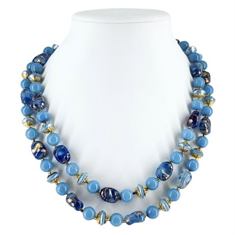 Vintage 2-Strand Blue & Gold Beaded Necklace