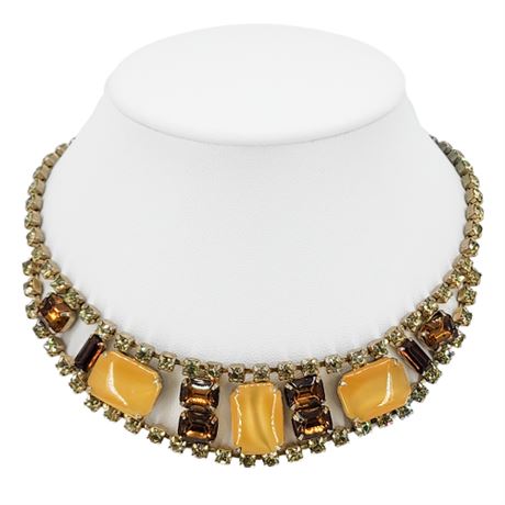 Vintage Prong Set Rhinestone & Moonglow Lucite Bib Necklace