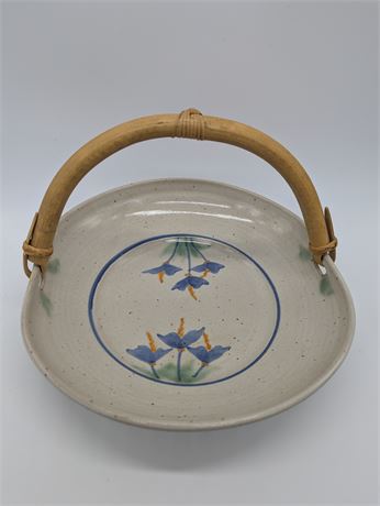 Pottery Bowl w/ BAMBOO HANDLE 9X8.5" Artist Signed Detailed Purple Blue Flowers