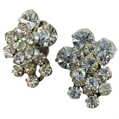 Vintage Prong-Set Rhinestone Cluster Flower Clip-On Earrings