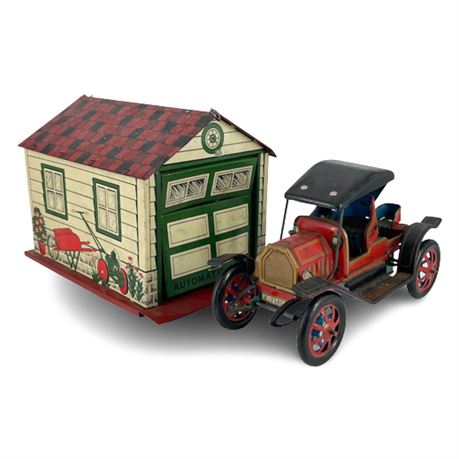 Vintage SSS Japan Tin Litho Garage & Alps Japan Tin Litho Lever Action Toy Car