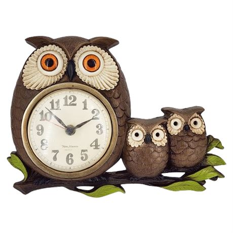 Vintage 70s Burwood New Haven Wide Eyed Owls Wall Clock