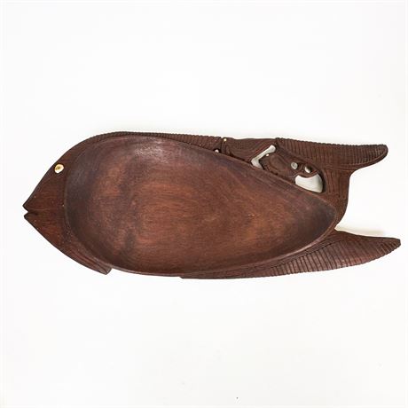 Vintage Hand Carved Fish Platter/ Tray w Shell Eyes