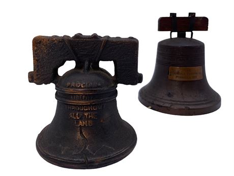 2 Antique & Vintage Cast Metal Liberty Bell Coin Banks