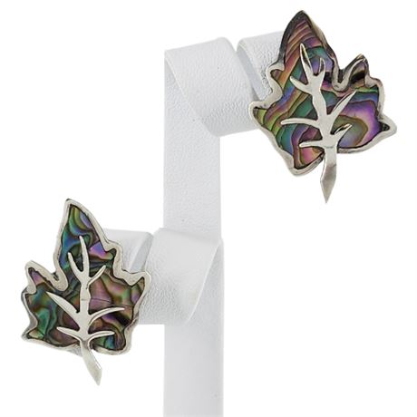 Vintage TAXCO Mexico Sterling Silver Abalone Leaf Screwback Earrings