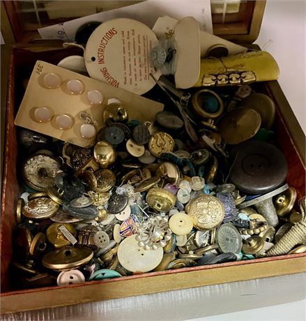 Box of collectible buttons, and sewing items