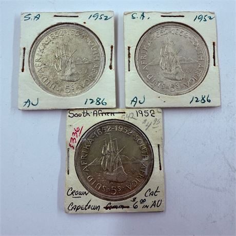 3x 1952 South Africa 5 Silver Shillings