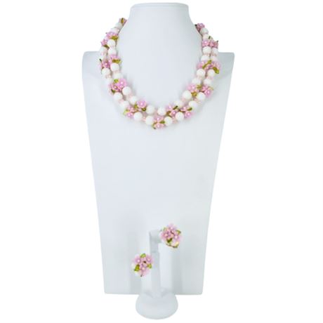 Vintage Pink and White Floral Bead Double Strand Necklace and Clip-On Earrings