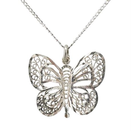 Vintage Sterling Silver Filigree Butterfly Pendant Necklace