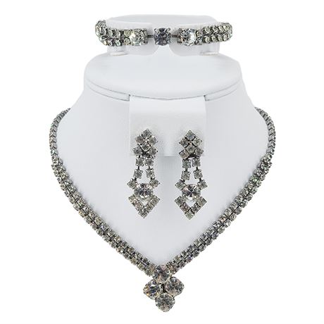 Vintage 3 Piece Prong Set Clear Rhinestone Demi-Parure Set