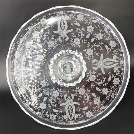 Vintage Etched Glass Cake Stand – Floral Scroll Pattern with Scalloped Edge