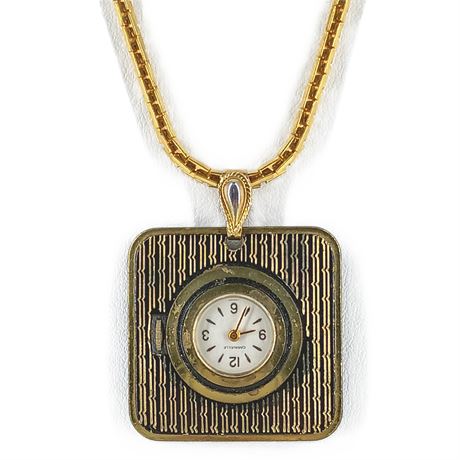 Vintage Caravelle Pendant Watch Necklace, Square Gold Tone Locket Style