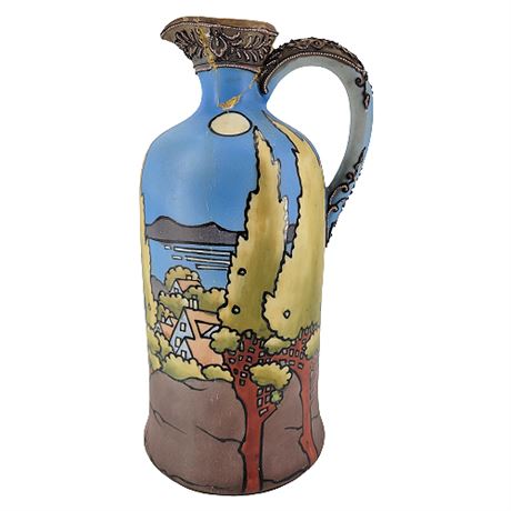 Antique Nippon Moriage Hand Painted Scenic Wine Jug
