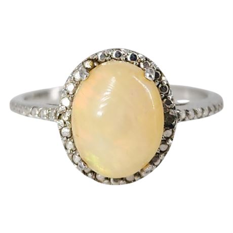 Signed HOU Sterling Silver Ethiopian Opal Halo Ring, Sz 8