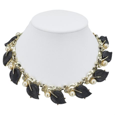 Vintage Faux Pearl, Rhinestone, & Gray Thermoset Plastic Leaves Necklace